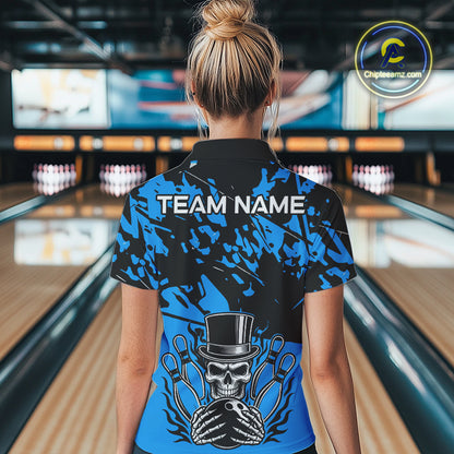 Black and Blue Camo Skull Bowling Polo, Quarter Zip Shirt for Women Custom Skull Team bowling jersey NQS10007