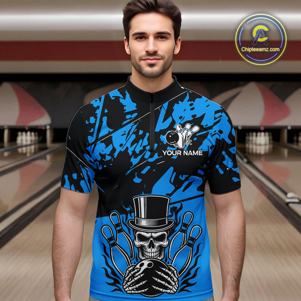 Black and Blue Camo Skull Bowling Polo, Quarter Zip Shirt for Men Custom Skull Team bowling jersey NQS10007