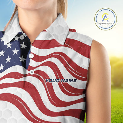 Red, White and Blue American Flag Women sleeveless polo shirt custom women's patriotic golf apparel NQS10169