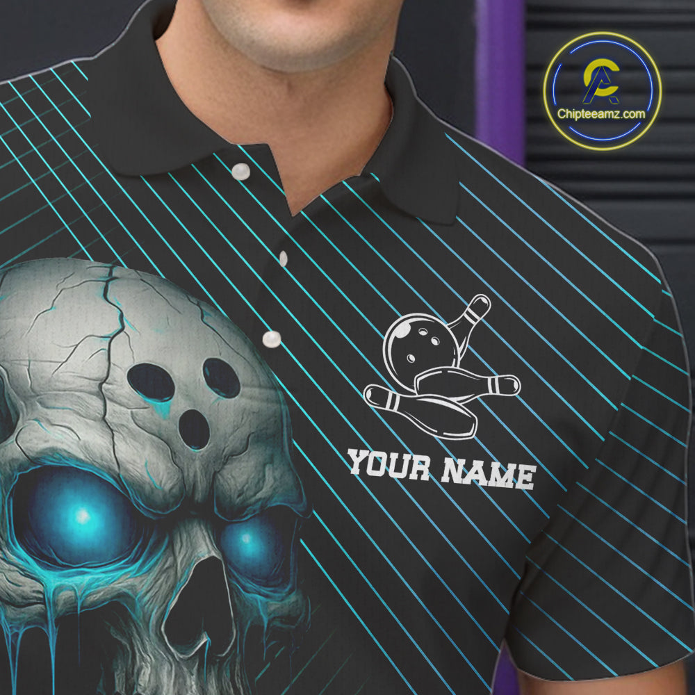Black and Blue Skull Bowling Polo, Quarter Zip Shirts For Men Custom Bowling Team Jerseys Outfits NQS10171