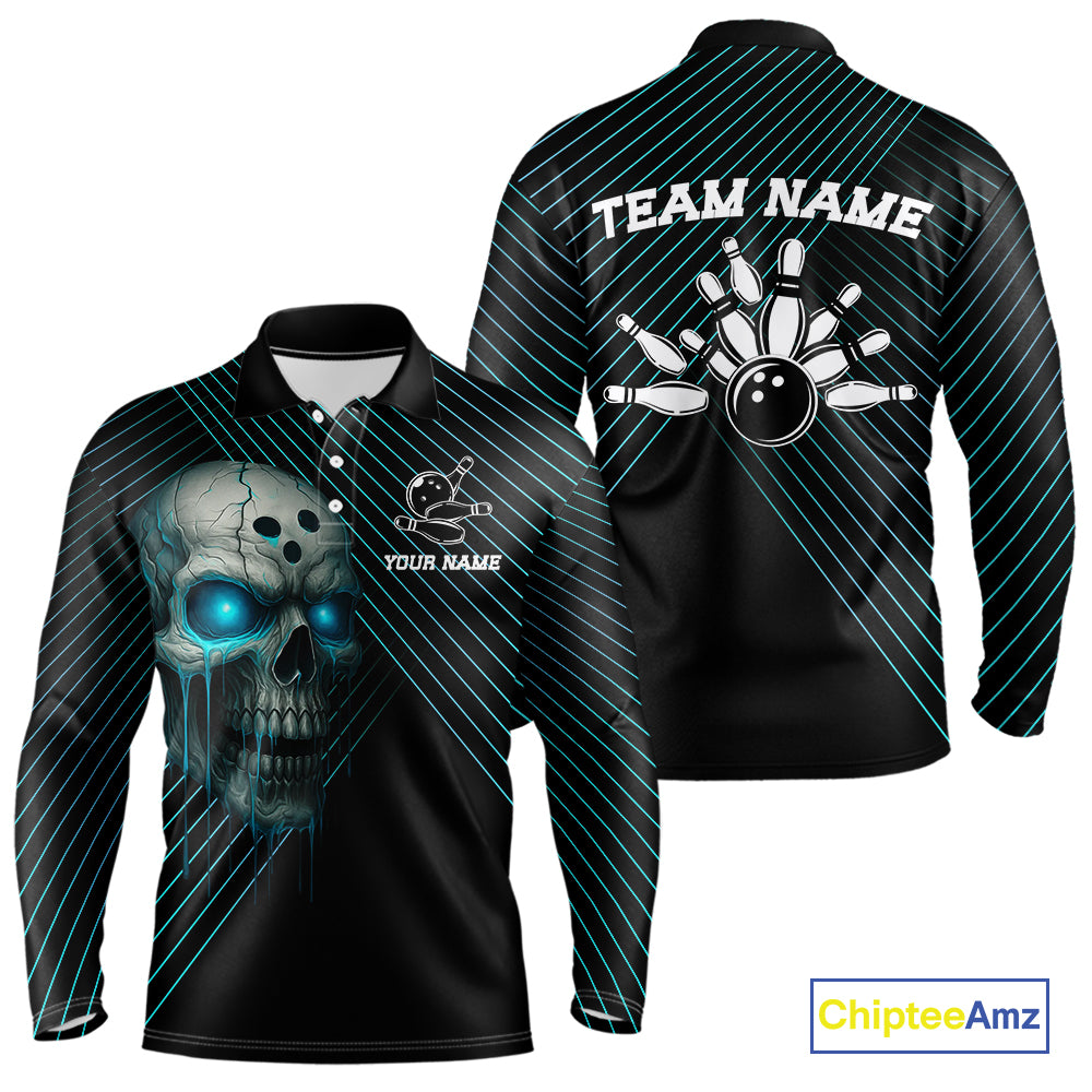 Black and Blue Skull Bowling Polo, Quarter Zip Shirts For Men Custom Bowling Team Jerseys Outfits NQS10171