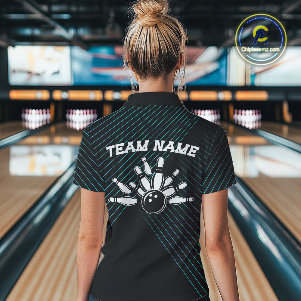 Black and Blue Skull Bowling Polo, Quarter Zip Shirts For Women Custom Bowling Team Jerseys Outfits NQS10171