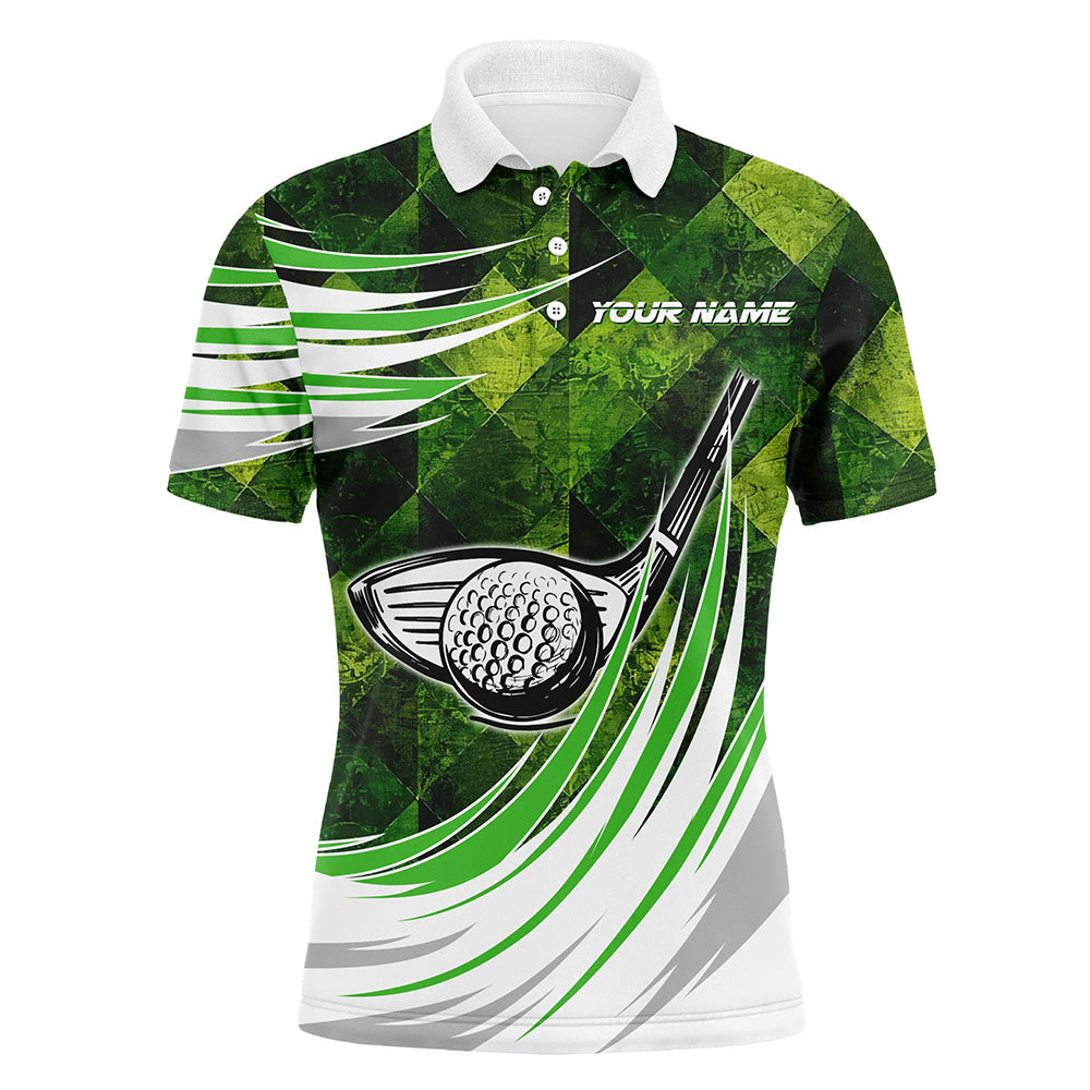 Green argyle pattern golf ball clubs Men golf polo shirts custom male golf outfits, gifts for golfer NQS8112