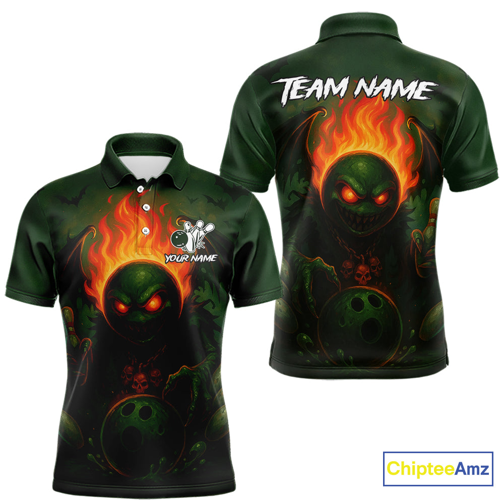 Custom Halloween Bowling Shirt For Men Green Flame Skull, personalized bowling shirts for team bowler NQS10312