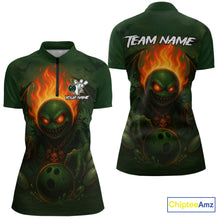 Load image into Gallery viewer, Custom Halloween Bowling Shirt For Women Green Flame Skull, personalized bowling shirts for team NQS10312
