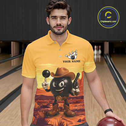Funny Bowling Cowboy gun desert Mens Bowling Polo, 1/4 Zip Shirts Custom Funny bowling team jerseys NQS11127