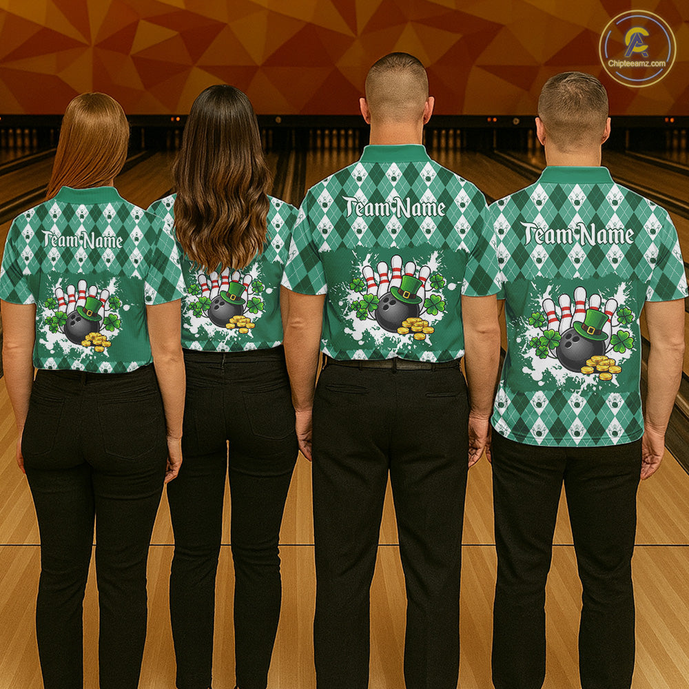 Argyle pattern St Patrick Green Bowling Polo, 1/4 zip shirts for Men Custom team bowling jerseys NQS11535