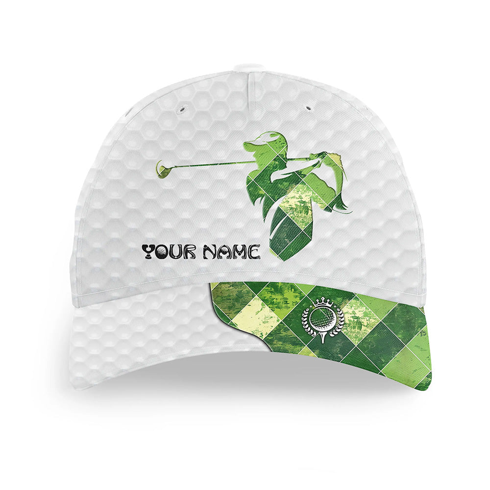 White Golfer hat custom name green argyle pattern golf hats for mens, gifts for golfers NQS8117