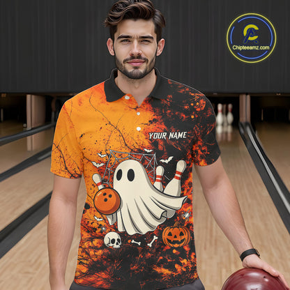 Custom Orange Boo Bowling Men Polo, Quarter Zip Shirts Bowling League Team Jerseys Halloween Outfits NQS10523