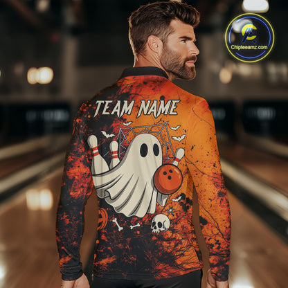 Custom Orange Boo Bowling Men Polo, Quarter Zip Shirts Bowling League Team Jerseys Halloween Outfits NQS10523