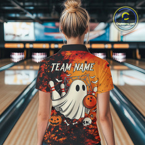 Custom Orange Boo Bowling Women Polo, Quarter Zip Shirts Bowling League Team Jersey Halloween Outfits NQS10523