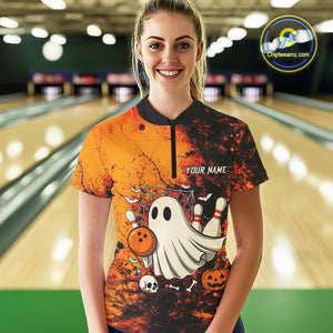 Custom Orange Boo Bowling Women Polo, Quarter Zip Shirts Bowling League Team Jersey Halloween Outfits NQS10523