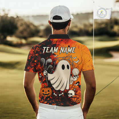 Custom Orange Halloween Boo Golf Polo Shirts for Men, Halloween Mens Golf Outfits NQS10524