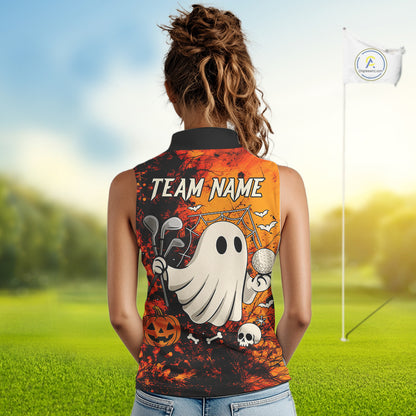 Custom Orange Halloween Boo Sleeveless polo shirt for Women, Halloween Ladies Golf Outfits NQS10524