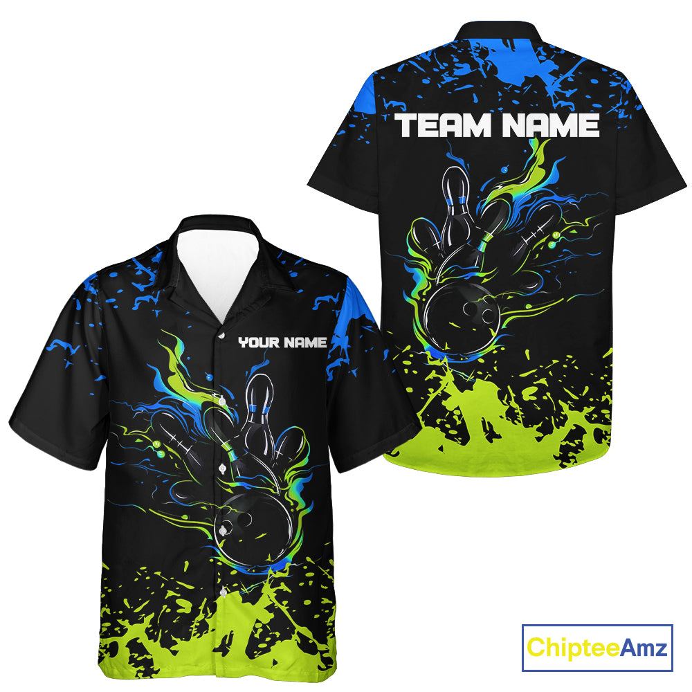 Personalized Black, Blue and Green Bowling Hawaiian Shirt, Bowling Ball & Pins Bowling Team Shirts NQS10741
