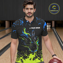 Load image into Gallery viewer, Personalized Black, Blue and Green Bowling Shirts For Men, Bowling Balls And Pins Bowling Team Shirts NQS10741
