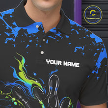 Load image into Gallery viewer, Personalized Black, Blue and Green Bowling Shirts For Men, Bowling Balls And Pins Bowling Team Shirts NQS10741