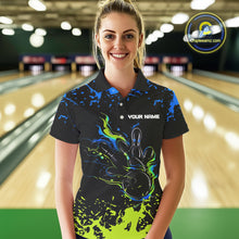 Load image into Gallery viewer, Personalized Black, Blue and Green Bowling Shirts For Women, Bowling Ball &amp; Pins Bowling Team Shirts NQS10741