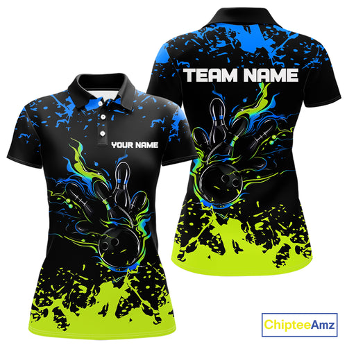 Personalized Black, Blue and Green Bowling Shirts For Women, Bowling Ball & Pins Bowling Team Shirts NQS10741