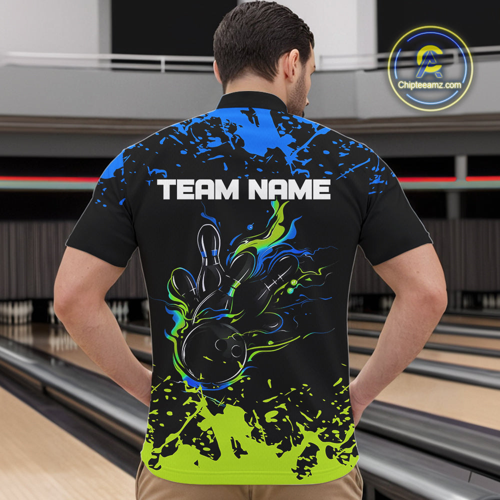 Personalized Black, Blue and Green Bowling Shirts For Men, Bowling Balls And Pins Bowling Team Shirts NQS10741
