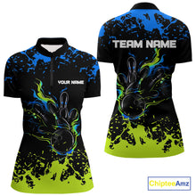 Load image into Gallery viewer, Personalized Black, Blue and Green Bowling Shirts For Women, Bowling Ball &amp; Pins Bowling Team Shirts NQS10741