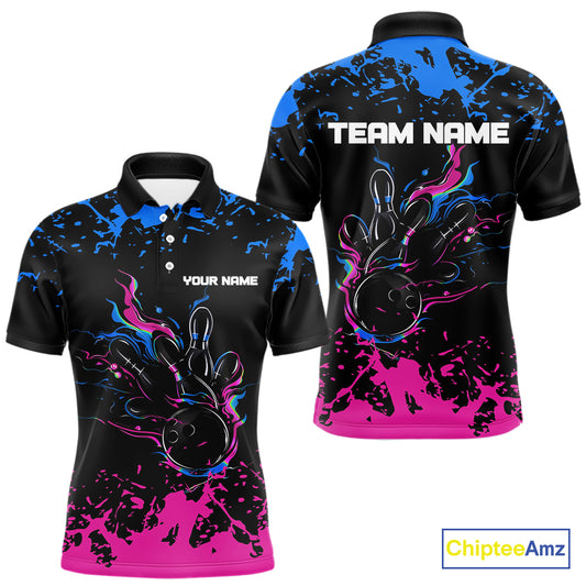 Personalized Black, Blue and Pink Bowling Shirts For Men, Bowling Balls And Pins Bowling Team Shirts NQS10742