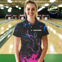 Load image into Gallery viewer, Personalized Black, Blue and Pink Bowling Shirts For Women, Bowling Ball &amp; Pins Bowling Team Shirts NQS10742