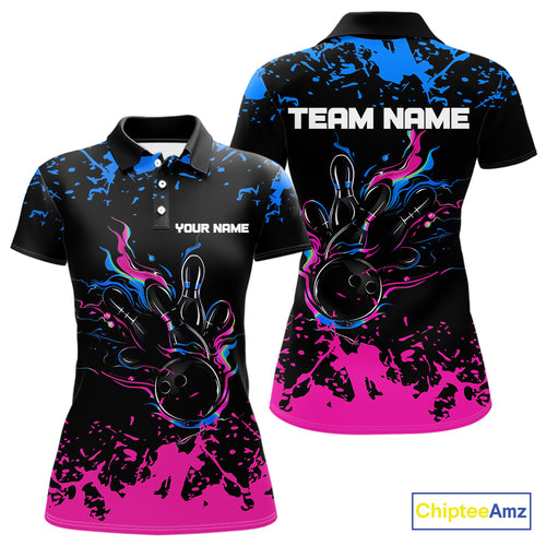 Personalized Black, Blue and Pink Bowling Shirts For Women, Bowling Ball & Pins Bowling Team Shirts NQS10742