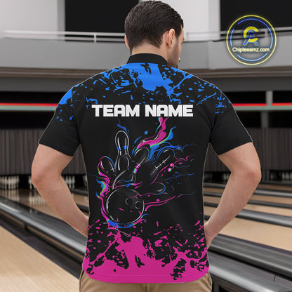 Personalized Black, Blue and Pink Bowling Shirts For Men, Bowling Balls And Pins Bowling Team Shirts NQS10742