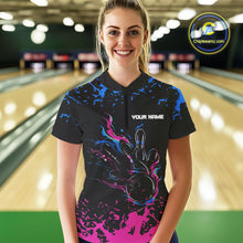 Load image into Gallery viewer, Personalized Black, Blue and Pink Bowling Shirts For Women, Bowling Ball &amp; Pins Bowling Team Shirts NQS10742