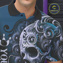 Load image into Gallery viewer, Blue and Black Skull Scroll Men Bowling Polo, Quarter Zip Shirts Custom Skull Team bowling Jersey NQS10939