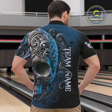 Load image into Gallery viewer, Blue and Black Skull Scroll Men Bowling Polo, Quarter Zip Shirts Custom Skull Team bowling Jersey NQS10939