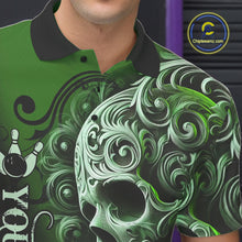 Load image into Gallery viewer, Green and Black Skull Scroll Men Bowling Polo, Quarter Zip Shirts Custom Skull Team bowling Jersey NQS10940