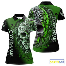 Load image into Gallery viewer, Green and Black Skull Scroll Women Bowling Polo, Quarter Zip Shirts Custom Skull Team bowling Jersey NQS10940