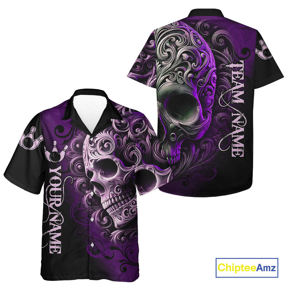 Purple and Black Skull Scroll Bowling Hawaiian Shirt Custom Skull Team Bowling League Shirts NQS10941