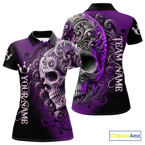 Purple and Black Skull Scroll Women Bowling Polo, Quarter Zip Shirts Custom Skull Team bowling Jersey NQS10941
