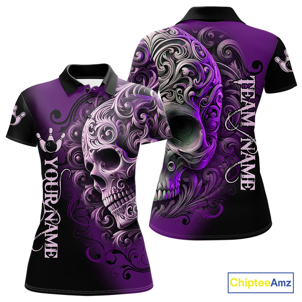 Purple and Black Skull Scroll Women Bowling Polo, Quarter Zip Shirts Custom Skull Team bowling Jersey NQS10941