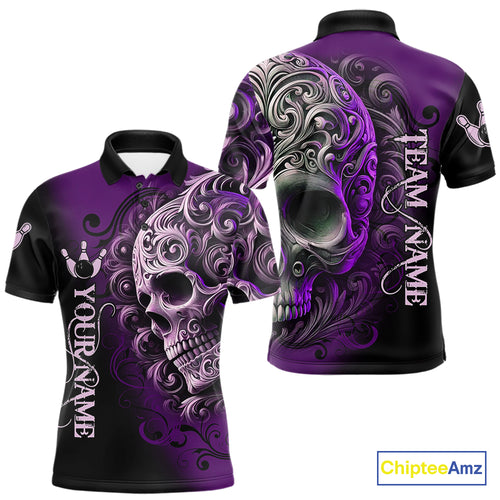 Purple and Black Skull Scroll Men Bowling Polo, Quarter Zip Shirts Custom Skull Team bowling Jersey NQS10941