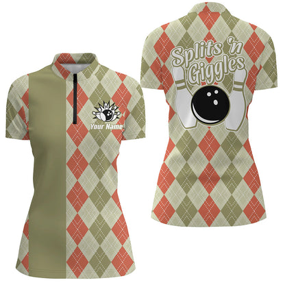 Splits 'n Giggles Women Bowling polo, 1/4 zip Shirt Personalized argyle pattern retro bowling Jerseys NQS9030