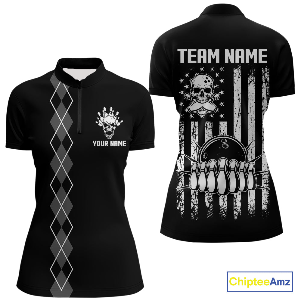 Custom Black and White argyle American Flag Skull retro Womens Bowling Shirts patriotic Team Jerseys NQS11131