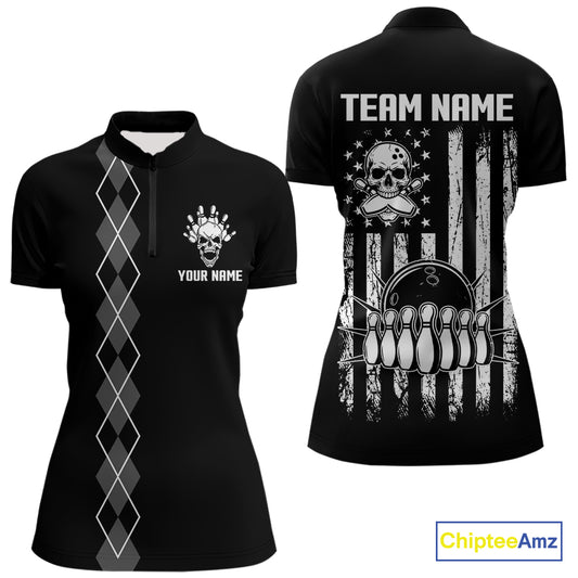 Custom Black and White argyle American Flag Skull retro Womens Bowling Shirts patriotic Team Jerseys NQS11131