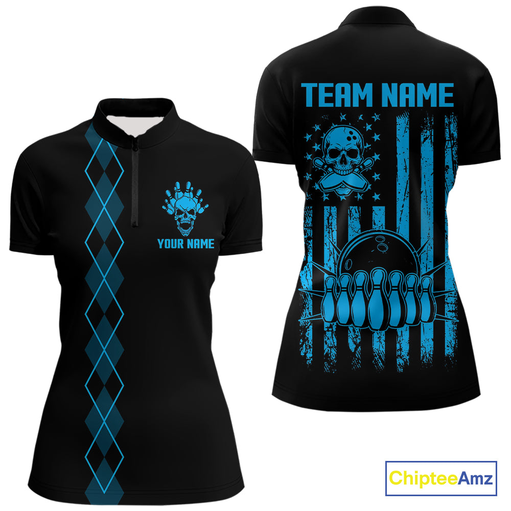 Custom Black and Blue argyle American Flag Skull retro Womens Bowling Shirts patriotic Team Jerseys NQS11132