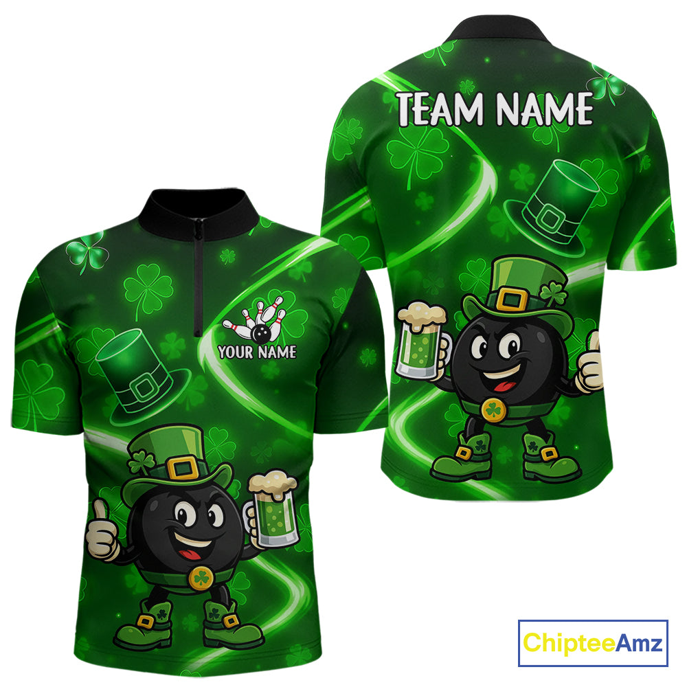 Green shamrock pattern Funny Bowling Shirts For Men Custom St Patrick's Day Lucky Team Bowling Jersey NQS11133
