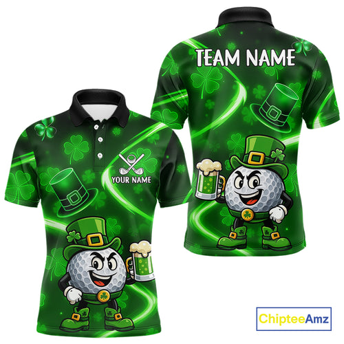 Green shamrock pattern Funny Golf Polo Shirt For Men Custom St Patrick's Day Lucky men's golf outfit NQS11134
