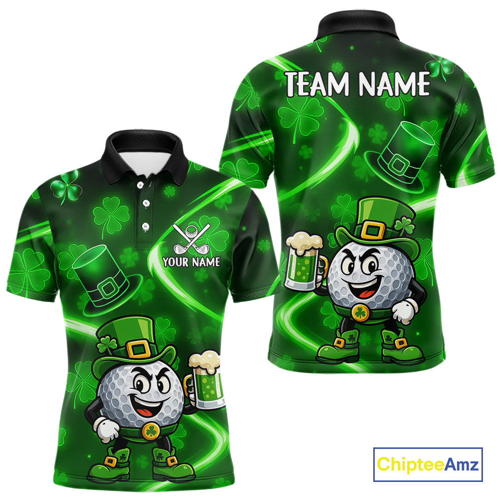 Green shamrock pattern Funny Golf Polo Shirt For Men Custom St Patrick's Day Lucky men's golf outfit NQS11134