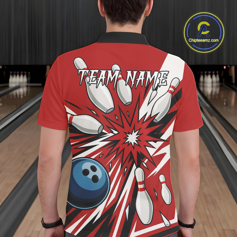 Custom Red Bowling Polo, Quarter Zip Shirts For Men, Team Bowling Uniforms League Shirts NQS11135