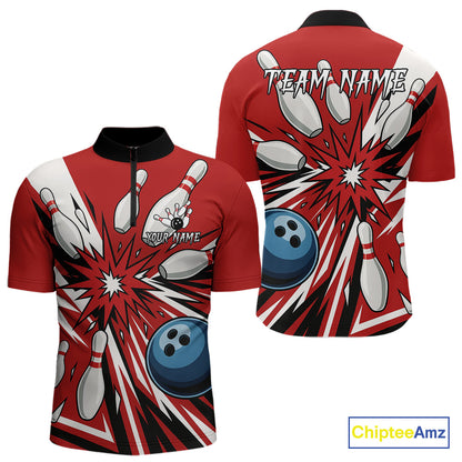Custom Red Bowling Polo, Quarter Zip Shirts For Men, Team Bowling Uniforms League Shirts NQS11135