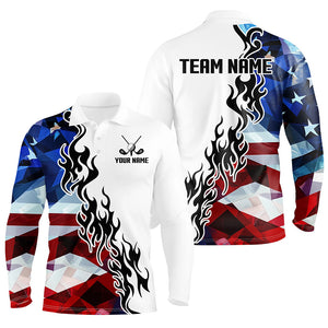 American Flag Fire Flame White Mens golf polos shirts custom patriotic team golf attire for men NQS9271