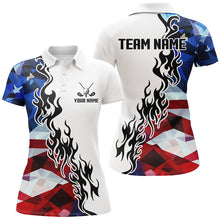 Load image into Gallery viewer, American Flag Fire Flame White Womens golf polos shirts custom patriotic golf attire for women NQS9271