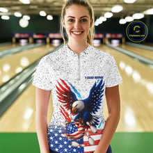 Load image into Gallery viewer, Grunge American Flag Eagle Bowling Polo, 1/4 Zip Shirt For Women Custom patriotic Team Bowling jersey NQS11327